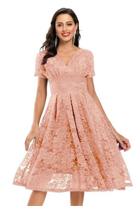 Елегантна дантелена рокля с V-образно деколте, Розово