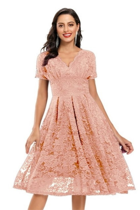 Rochie eleganta din dantela cu decolteu in V, lungime midi, maneca scurta, ideala pentru petreceri, nunta, bal, roz