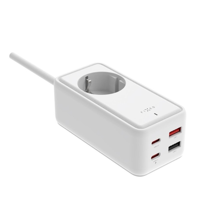 Fixed (FIXCS65-1.5-WH) hálózati USB töltő, GaN III technológia, kimenetetk: 2 * USB-A QC3.0, 2 * USB-C PD3.0 65W, 1*220V, 1.5m kábel, fehér