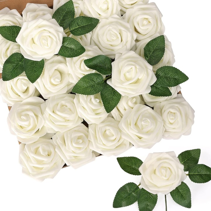 Flori artificiale, NUODWELL, 25 de trandafiri, ambalati in carton, material PE, potriviti pentru realizarea de buchete, piese centrale, bile pentru sarut si corsaje, alb