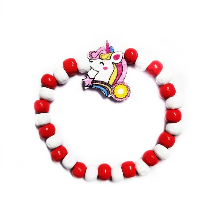 Bratara copii elastica, cu charm unicorn cu soare si margelute din lemn, model 2