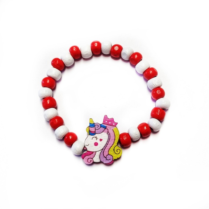 Bratara copii elastica, cu charm unicorn cu coroana si margelute din lemn, model 4