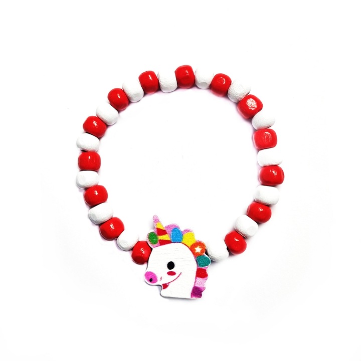 Bratara copii elastica, cu charm unicorn cu coama colorata si margelute din lemn, model 5
