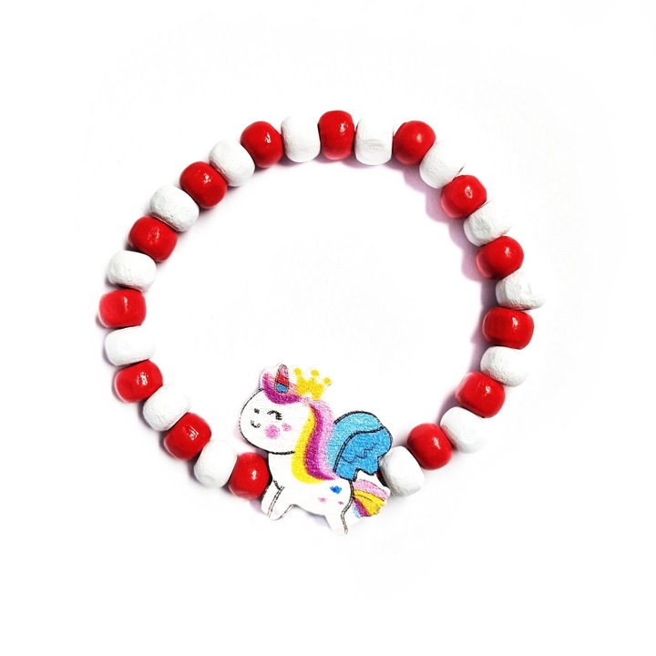 Bratara copii elastica, cu charm unicorn zburator cu coronita si margelute din lemn, model 7