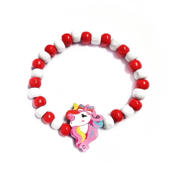 Bratara copii elastica, cu charm unicorn roz si margelute din lemn, model 8