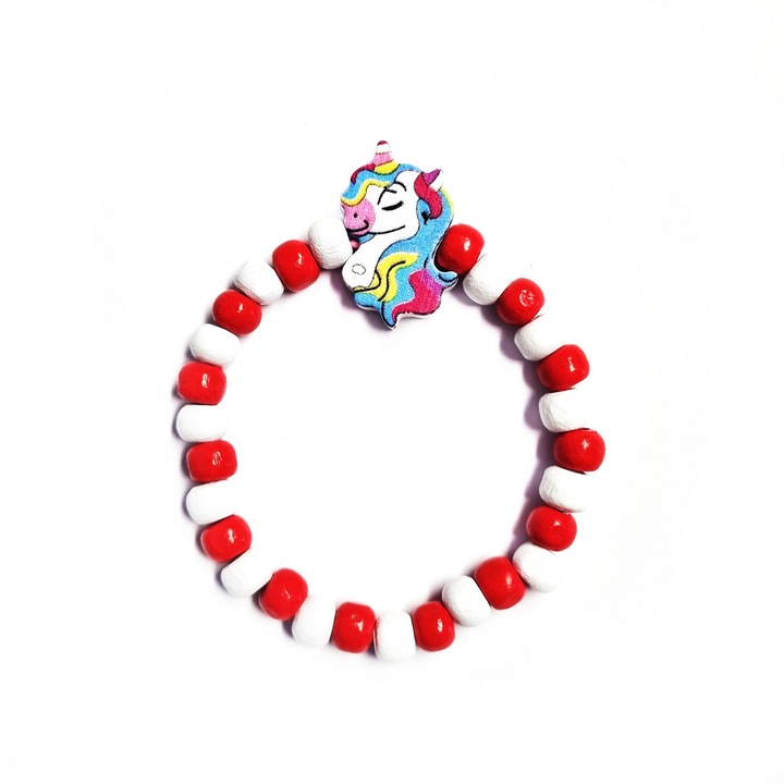 Bratara copii elastica, cu charm unicorn colorat si margelute din lemn, model 9