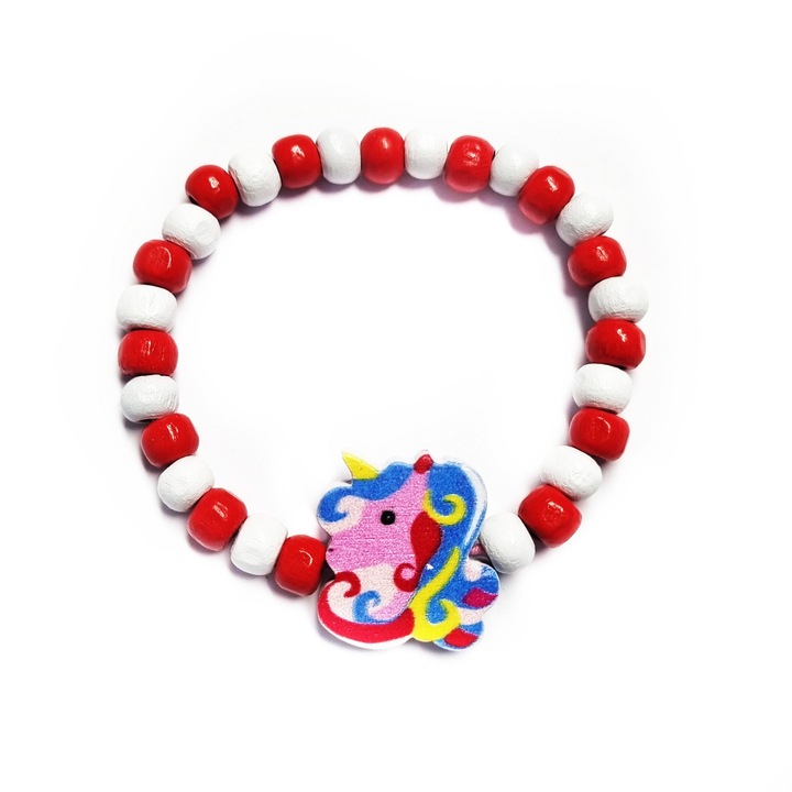 Bratara copii elastica, cu charm unicorn multicolor si margelute din lemn, model 11