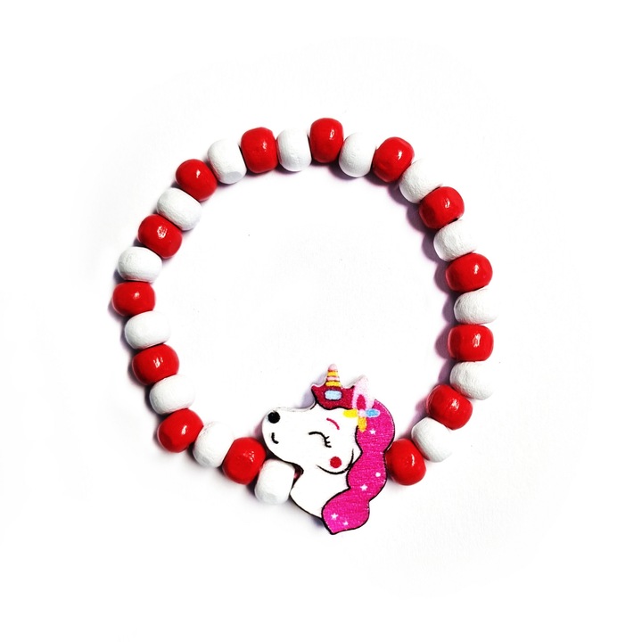 Bratara copii elastica, cu charm unicorn printesa si margelute din lemn, model 12