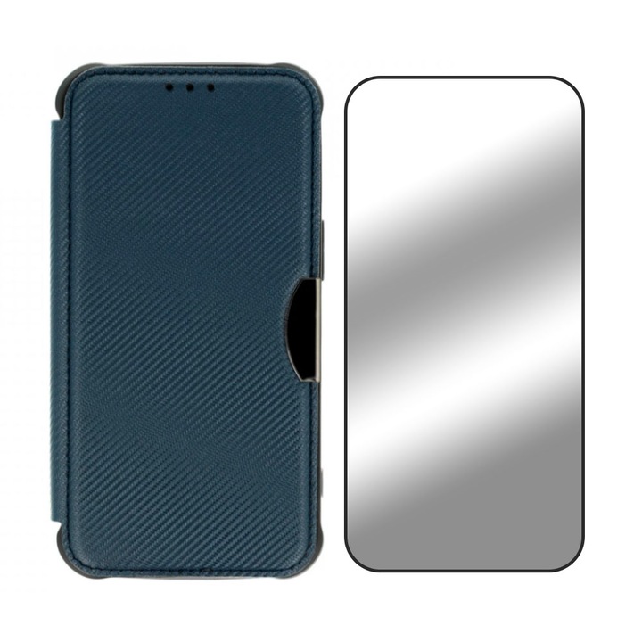 Комплект 5D Secure Glass Foil и Carbon Fusion Flip Cover за Apple iPhone 14 Plus, издръжлив, първокласни материали, джоб за карти, черни ръбове, дисплей и заден капак, син