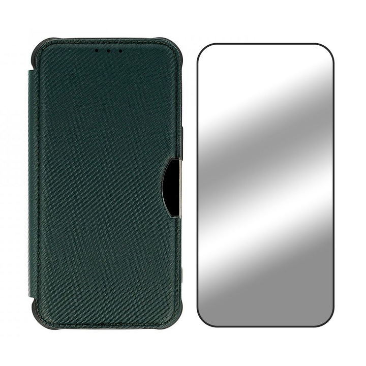 Комплект 5D Secure Glass Foil и Carbon Fusion Flip Cover за Apple iPhone 14 Plus, издръжливи, първокласни материали, джоб за карти, черни ръбове, дисплей и заден капак, зелен