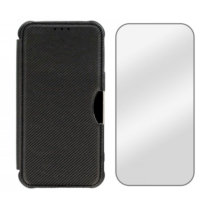 Комплект от 5D защитено стъклено фолио и флип калъф Carbon Fusion за Samsung Galaxy S23 Plus, издръжлив, първокласни материали, джоб за карта, черни ръбове, дисплей и заден капак, черен