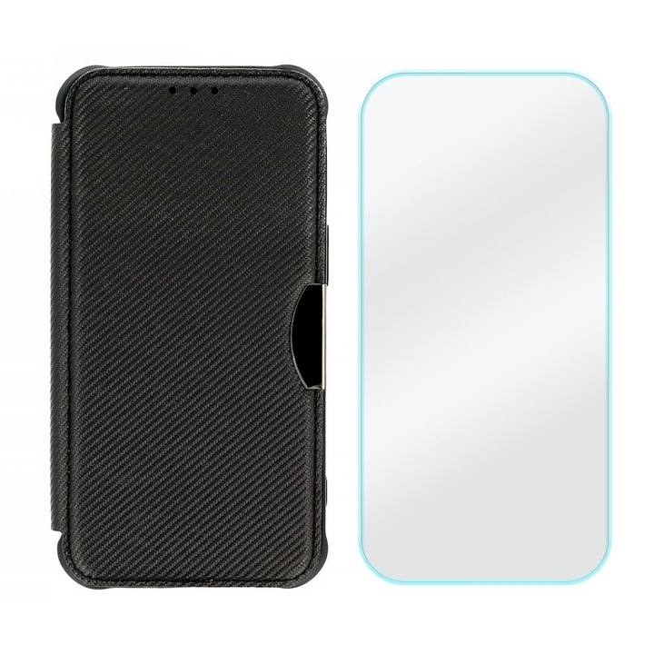 Set Folie Sticla Securizata 2.5D si Husa Flip Carbon Fusion pentru Xiaomi Mi 11 Lite, Durabila, Premium Materials, Buzunar card, Case-Friendly, Acoperire Display si Spate, Negru