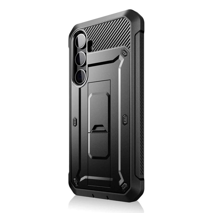 Husa tip MagSafe compatibila cu Samsung Galaxy S24 Plus, FONIX Indestructible Pro, Tip armura, Protectie 360 de grade, Suport inel, Protector ecran, Clema detasabila, Fixare pe curea, Colturi intarite anti-soc, Negru