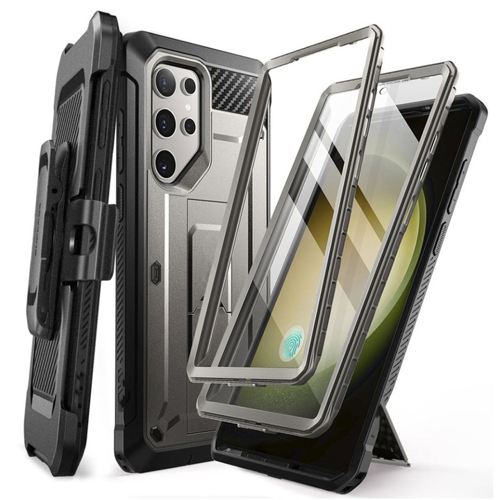 Калъф тип MagSafe, съвместим със Samsung Galaxy S24 Ultra, FONIX Indestructible Pro, Тип броня, 360 градусова защита, Поддръжка на пръстен, Протектор на екрана, Сваляща се щипка, Фиксиране на колана, Подсилени ъгли против удар, Сив