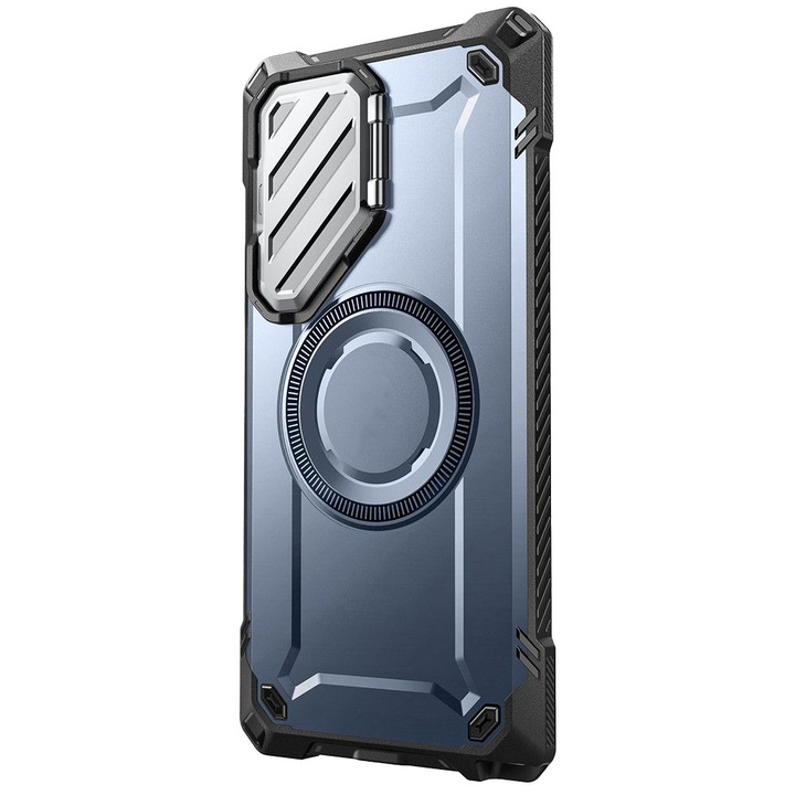 Husa tip armura compatibila cu Samsung Galaxy S24 Ultra, FONIX Indestructible CamProtect, Suport ajustabil, Capac protectie camere, Colturi intarite anti-soc, Compatibila cu incarcare wireless de tip MagSafe, Albastru