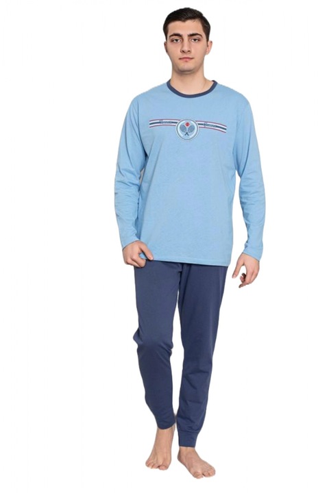 Férfi pamut pizsama, hosszú ujjú és hosszúszárú, tenisz mintás, kék603, M
