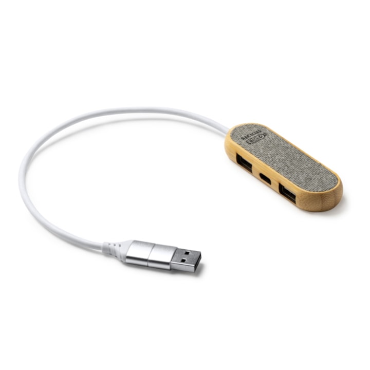 HUB порт Stamina, Бамбук, RPET плат, USB Type-C, USB изход, Сив, 8, 2 х 1, 2 х 2, 6 см