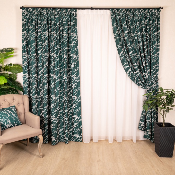 Set 2 draperii Hiko Chenille Verde Dark 350Lx245H cm, din material plin, gros, draperii elegante pentru living, dormitor, hotel, izolare termica si fonica, decor modern, montaj usor, design si rejansa Premium creion de 6.5cm