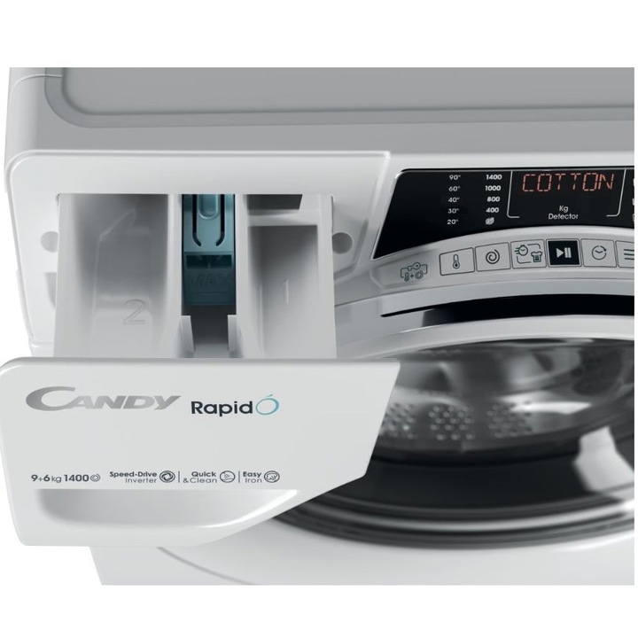 Masina de spalat rufe cu uscator Candy Rapid’O ROW4966DWMCT\1-S, Spalare 9 kg / Uscare 6 kg, 1400 rpm, Motor Speed Drive Inverter, Wi-Fi/ hOn app, Clasa A, Steam, Quick&Clean Technology, Alb
