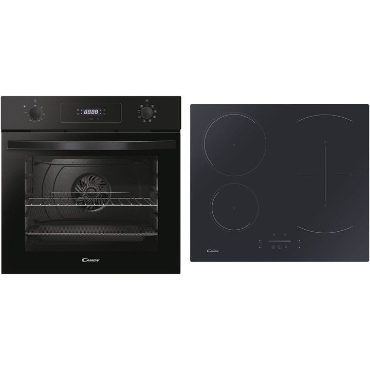 Candy FIDCP N625 L, beépített sütő szett, elektromos, 65 l, grill, kijelző, A+ osztály, fekete + Candy CTP643C/YEP, Beépített főzőlap, Indukciós, 4 főzőzóna, Booster, Power management, 60 cm, fekete