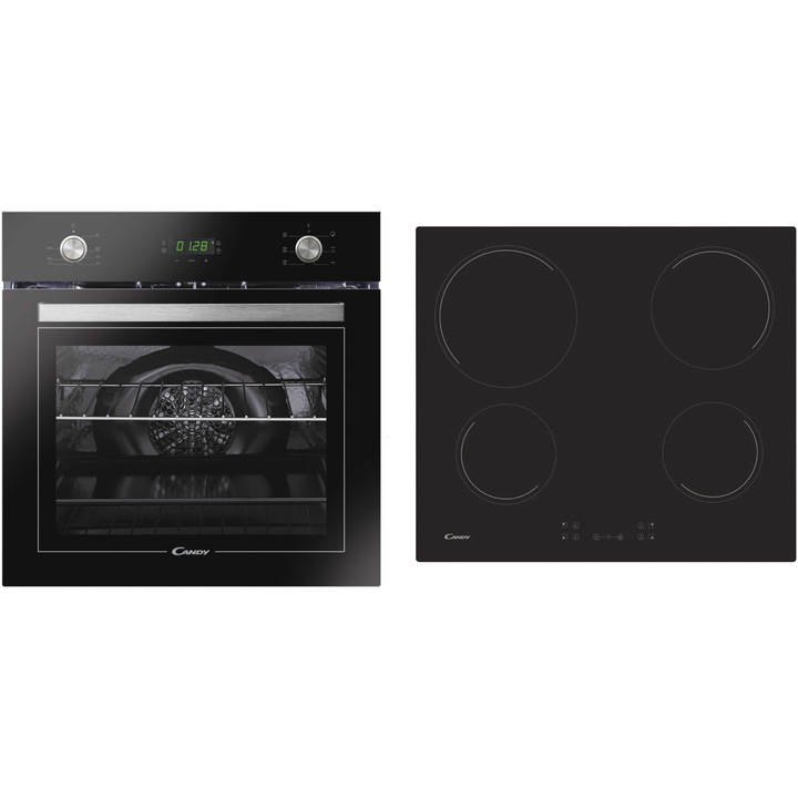 Фурна за вграждане Candy FCT615NXL, Електрическа, 65 л, Дисплей, Грил, Клас А, Неръждаема стомана + Плот за вграждане Candy CH64CCB, Стъклокерамика, 4 зони за готвене, Управление на мощността, 60 см, Черен