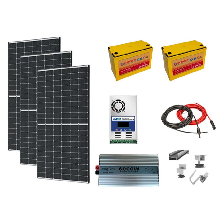 Kit fotovoltaic solar off-grid 1.2KW cu 3 panouri 405W, invertor sinus pur 6000W, controller MMPT 60A, baterii solare AGM 105 Ah, cabana, rulota, locuri izolate, container, Solid Volt