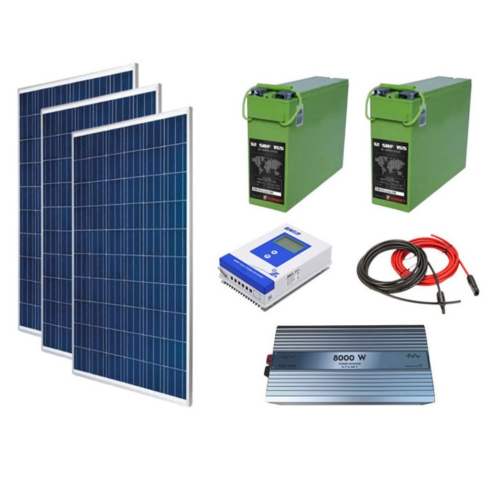 Kit fotovoltaic solar off-grid 840W cu 3 panouri policristaline de 280W, invertor sinus pur 8000W, controller MMPT 40A, baterii solare AGM 155 Ah, cabana, rulota, locuri izolate, container, Solid Volt