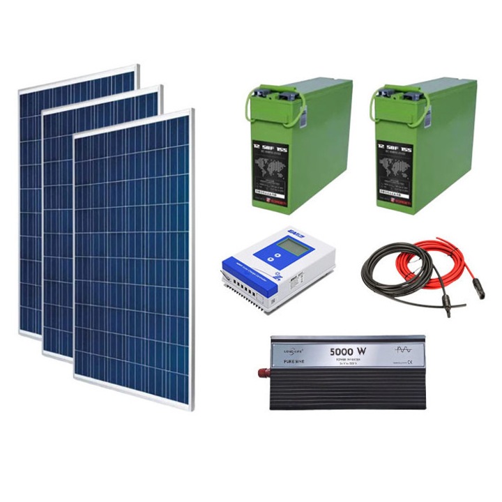 Kit fotovoltaic solar off-grid 840W cu 3 panouri policristaline de 280W, invertor sinus pur 5000W, controller MMPT 40A, baterii solare AGM 155 Ah, cabana, rulota, locuri izolate, container, Solid Volt