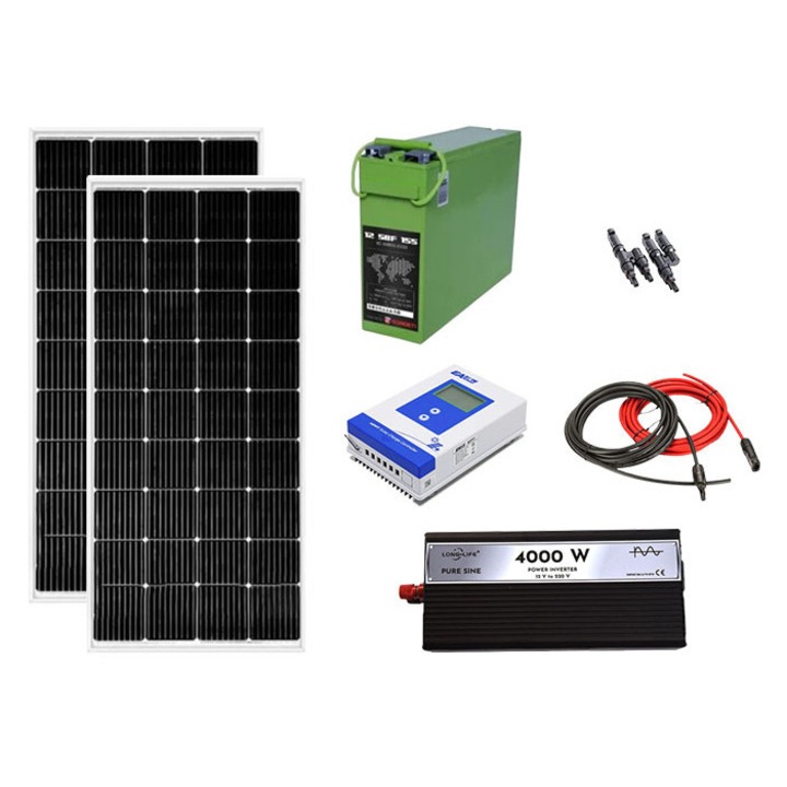 Kit fotovoltaic solar off-grid 400W cu 2 panouri de 200W, invertor sinus pur 4000W, controller MMPT 40A, baterie solara AGM 155 Ah, cabana, rulota, locuri izolate, container, Solid Volt