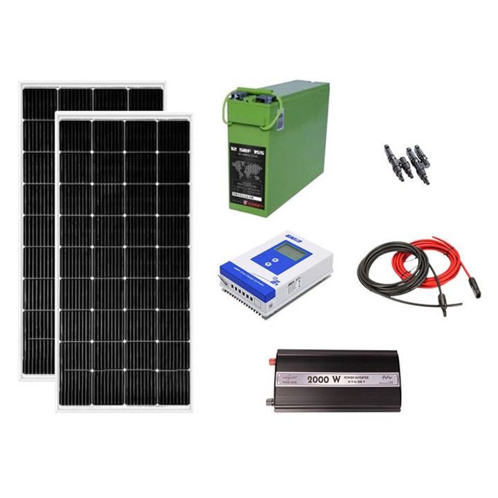 Kit fotovoltaic solar off-grid 400W cu 2 panouri de 200W, invertor sinus pur 2000W, controller MMPT 40A, baterie solara AGM 155 Ah, cabana, rulota, locuri izolate, container, Solid Volt