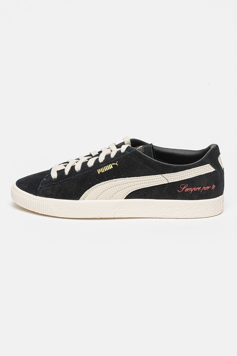 Puma, Tenisi din piele intoarsa cu detalii logo, Alb fildes/Negru, 45