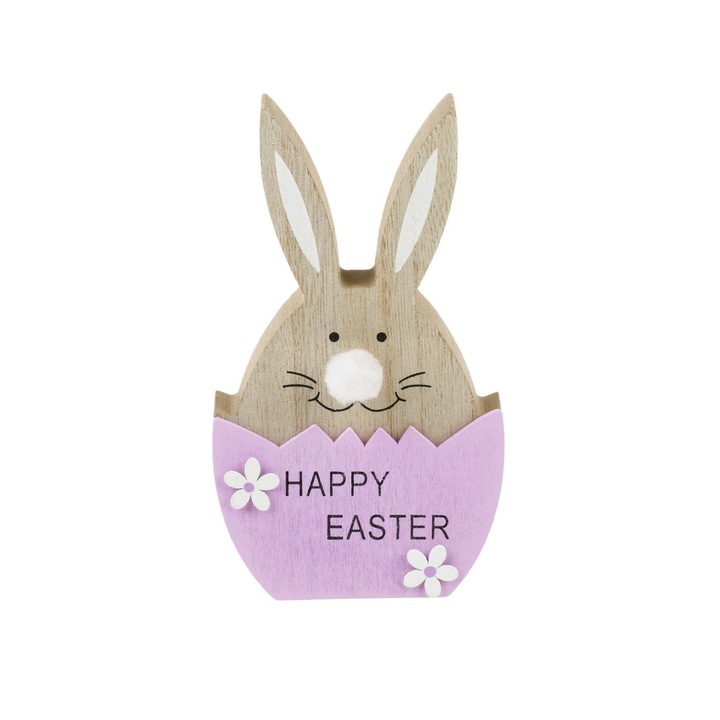 Decoratiune de Paste, Lemn, Iepure in ou, 8.5x2.3x13.5cm, Maro/Mov
