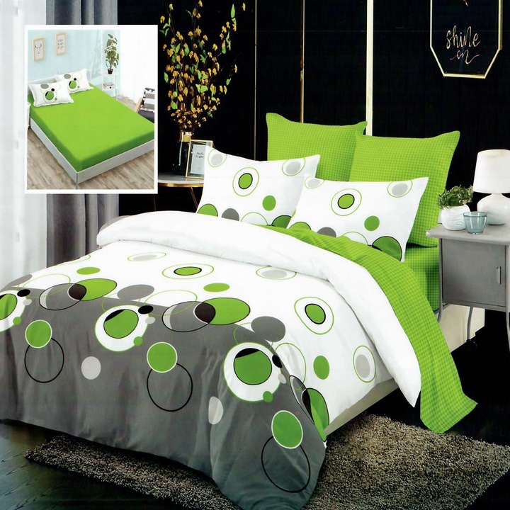 Спално бельо от фино двойно памучно бельо, 6 части, с ластик на чаршафа 180 х 200 см, кръгове, бял / зелен цвят, Ralex Pucioasa HF6P132
