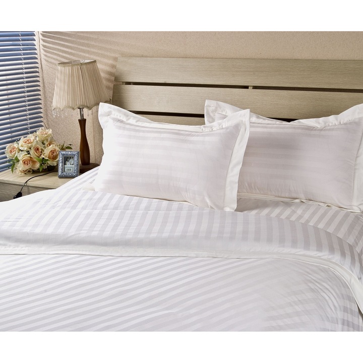 Двойно спално бельо King size Damask HoReCa линеен двоен сатен 100% памук с 3 см райе, 4 части, чаршаф 240x260 см, чаршаф 200x230 см, бял, пухкав