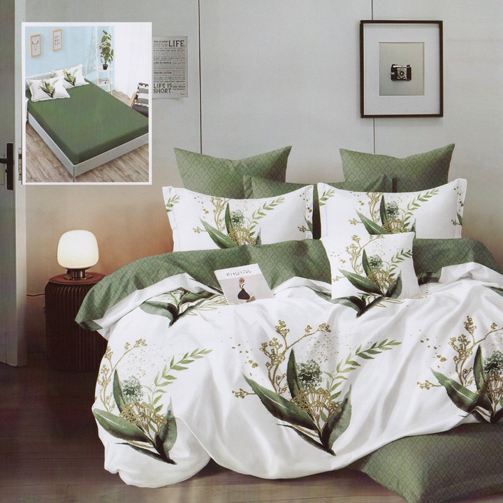 Спално спално бельо от фино двойно памучно бельо 6 части с ластик на чаршафа 180 х 200 см, листа, бяло/зелено, Ralex Pucioasa HF6P117