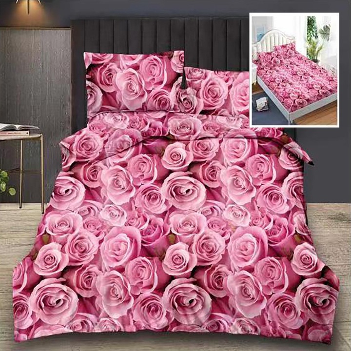 Спално бельо от фино двойно памучно бельо 6 части с ластик на чаршафа 180 х 200 см, Рози, Розово, Ralex Pucioasa HF6P47