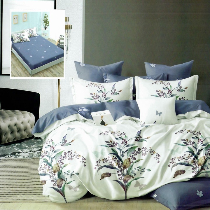 Спално спално бельо фино двойно памучно бельо 6 части с ластик на чаршафа 180 х 200 см, цвете, бяло синьо, Ralex Pucioasa HF6P131