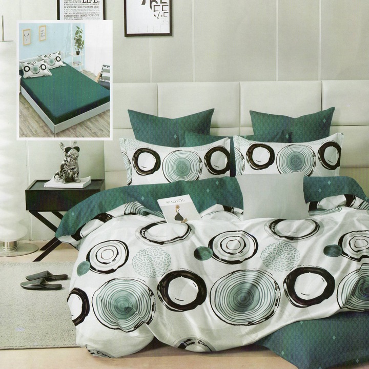 Спално спално бельо фино двойно памучно 6 части с ластик на чаршафа 180 х 200 см, Модерно, Зелено, Ralex Pucioasa HF6P115