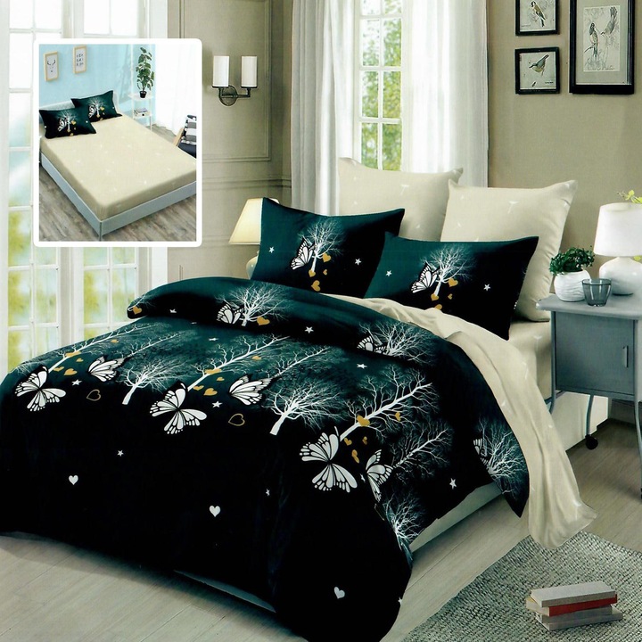 Спално спално бельо от фино двойно памучно бельо 6 части с ластик на чаршафа 180 х 200 см, пейзаж, зелено черно, Ralex Pucioasa HF6P126