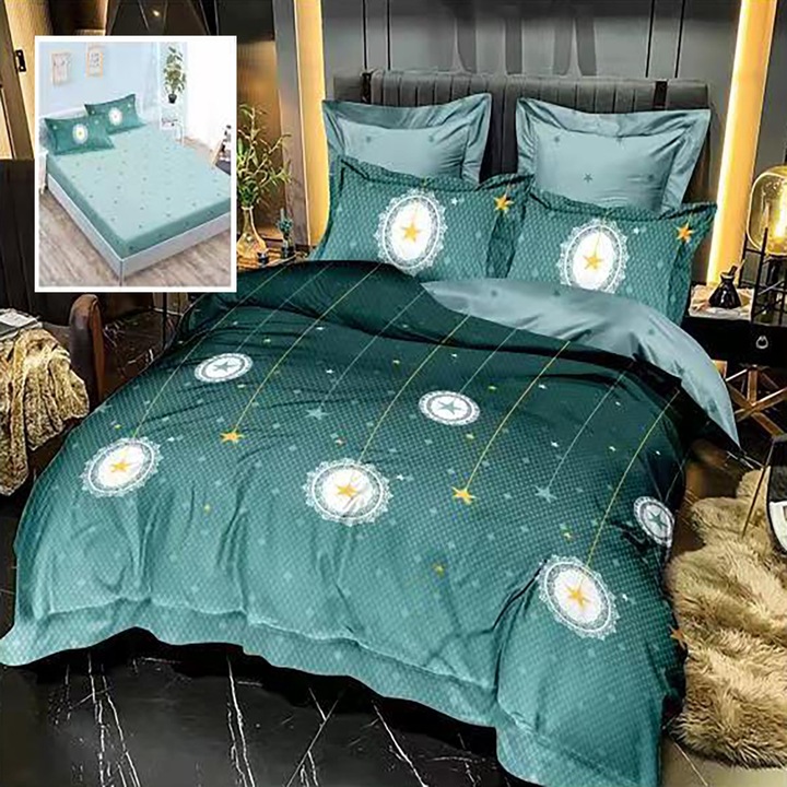 Спално спално бельо фино двойно памучно бельо 6 части с ластик към чаршафа 180 х 200 см, Elegant, Green, Ralex Pucioasa HF6P56