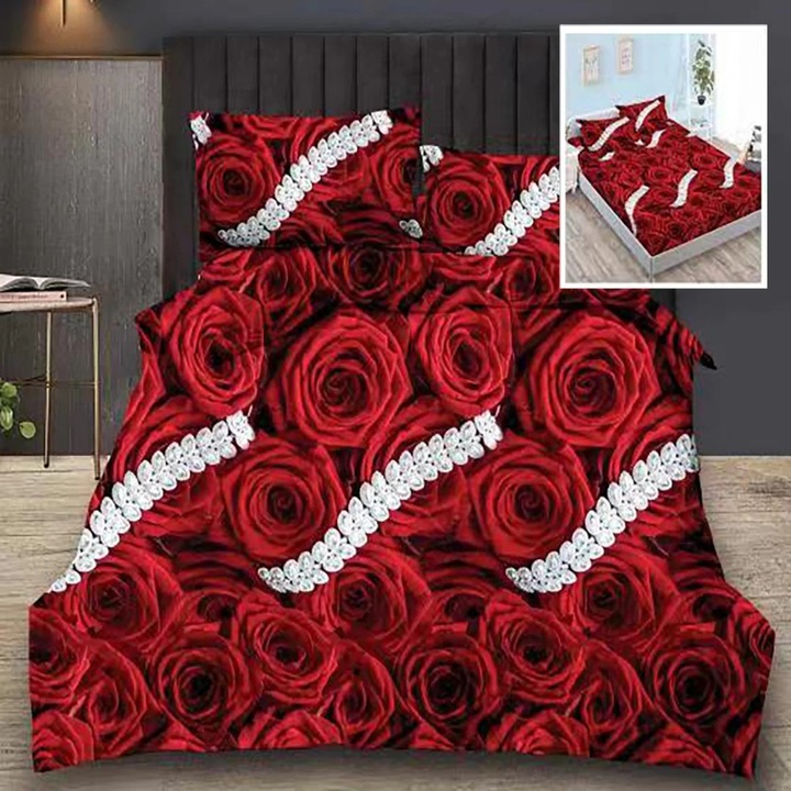 Спално спално бельо фино двойно памучно 6 части с ластик към чаршафа 180 х 200 см Червена роза Ralex Pucioasa HF6P48