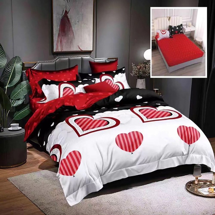 Спално спално бельо фино двойно памучно 6 части с ластик на чаршафа 180 х 200 см, сърца, червено бяло, Ralex Pucioasa HF6P23