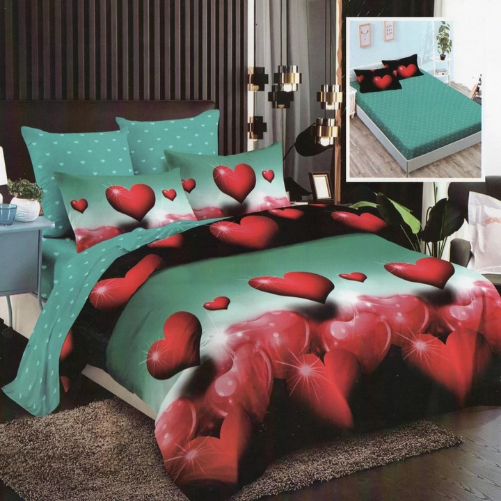 Спално спално бельо фино двойно памучно 6 части с ластик на чаршафа 180 х 200 см, сърца, червено зелено, Ralex Pucioasa HF6P25