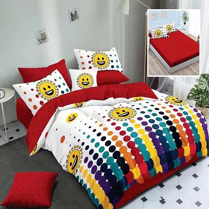 Спално спално бельо от фино двойно памучно бельо 6 части с ластик при чаршафа 180 х 200 см, Sun, Red Yellow, Ralex Pucioasa HF6P26