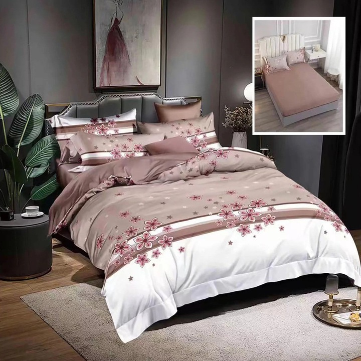 Спално спално бельо фино двойно памучно 6 части с ластик към чаршафа 180 х 200 см, Elegant, Brown White, Ralex Pucioasa HF6P28