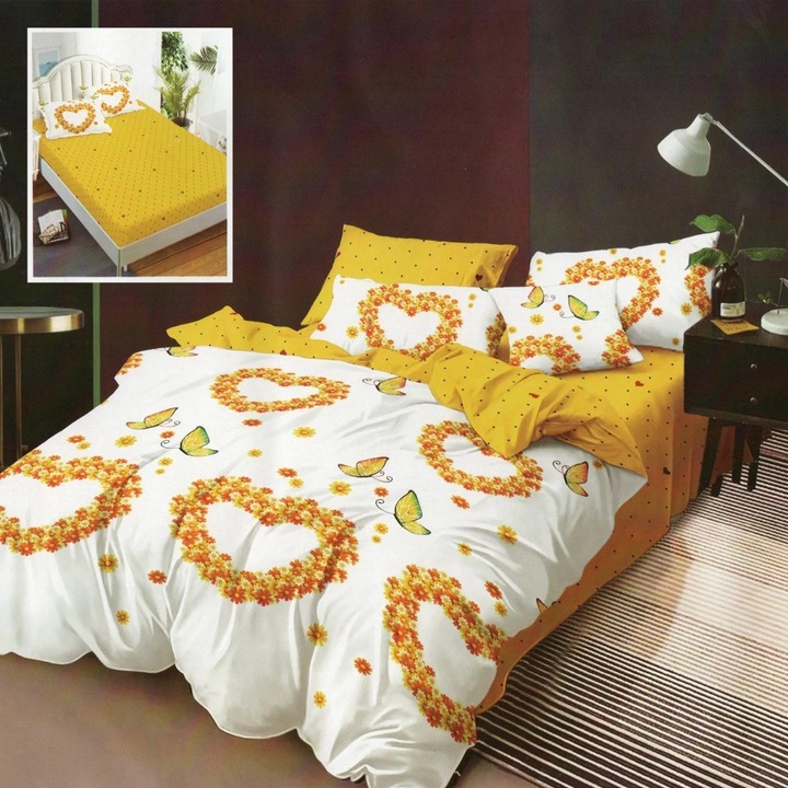 Спално спално бельо от фино двойно памучно бельо 6 части с ластик на чаршафа 180 х 200 см, сърца с пуканки, жълто бяло, Ralex Pucioasa HF6P30