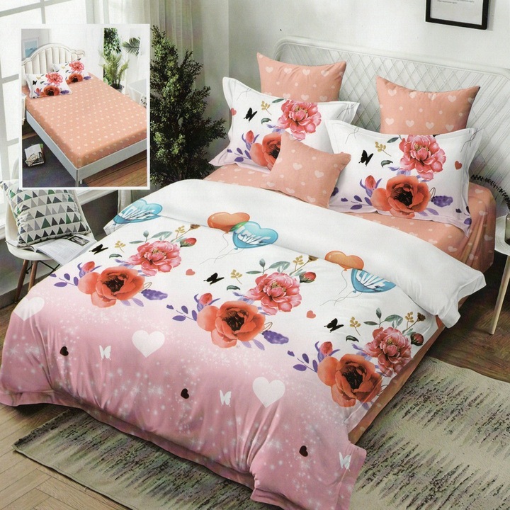 Спално спално бельо от фино двойно памучно бельо 6 части с ластик при чаршафа 180 х 200 см, Флорален принт, Розово, Ralex Pucioasa HF6P31