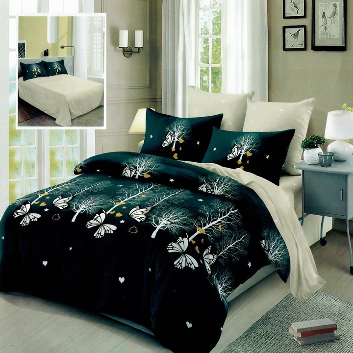 Спално бельо от фино двойно памучно бельо Ralex Fucioasa M315, 6 части 220 x 240 см, Горски пейзаж, Зелено