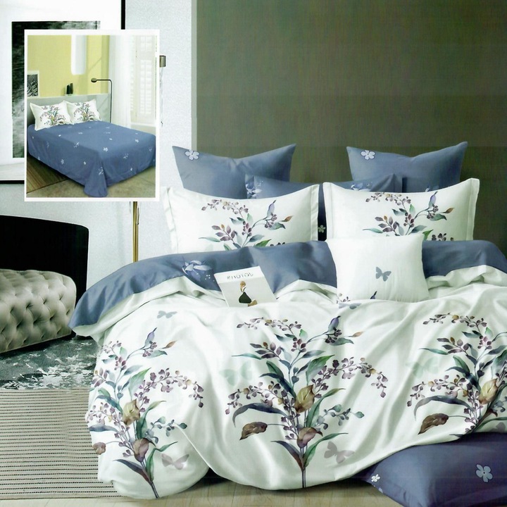 Двойно фино памучно спално бельо 6 части 220 x 240 см, Цветя, Синьо, Ralex Pucioasa M320