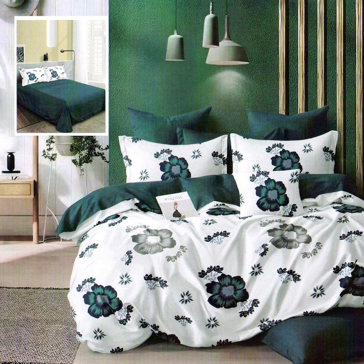 Двойно фино памучно спално бельо 6 части 220 x 240 см, Модерно, Бяло / Зелено, Ralex Pucioasa M303